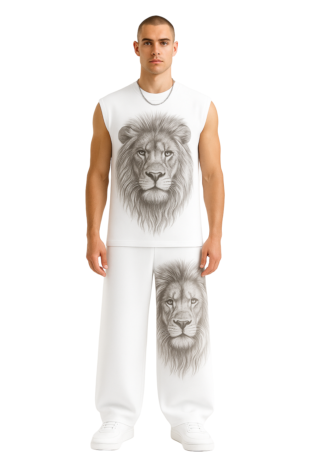 White Lion Graphic Sleeveless Tracksuit Set