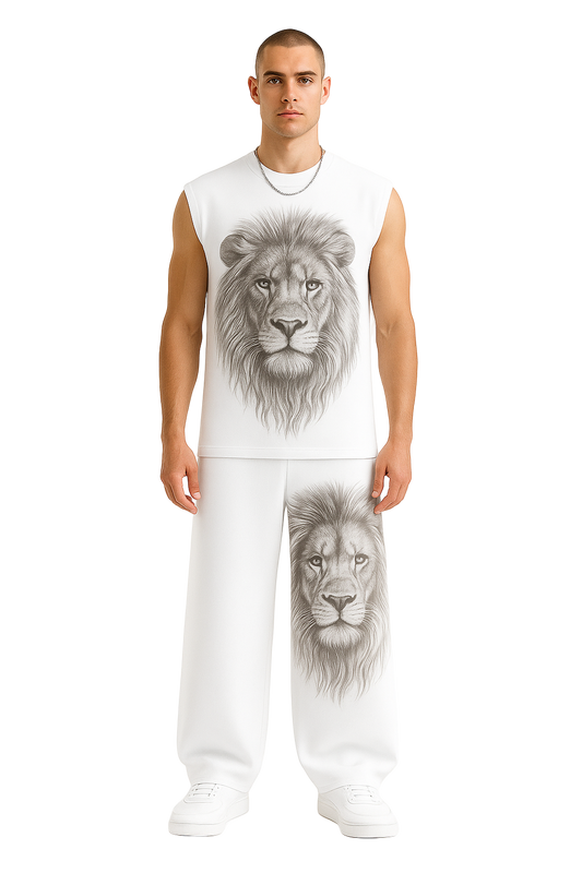 White Lion Graphic Sleeveless Tracksuit Set