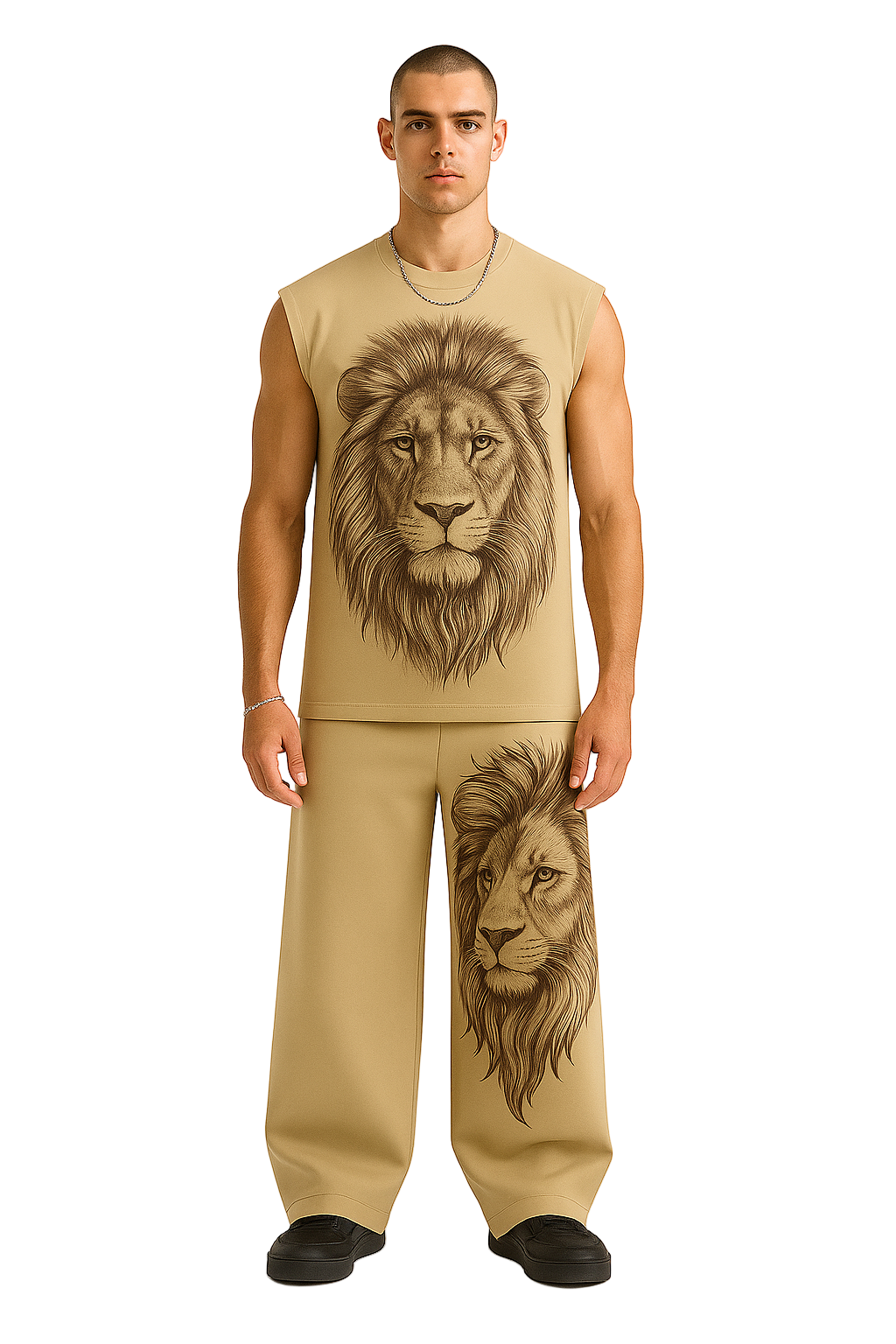 Beige Lion Graphic Sleeveless Tracksuit Set