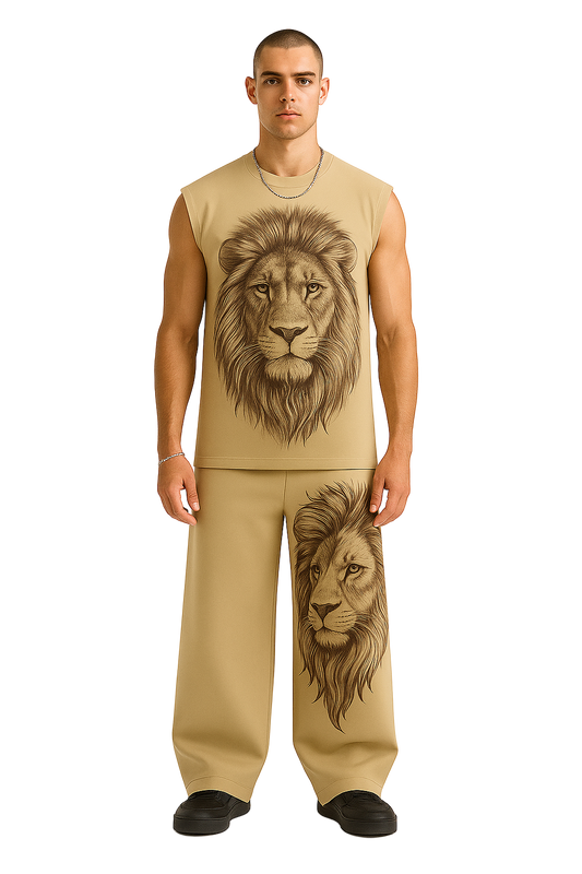 Beige Lion Graphic Sleeveless Tracksuit Set
